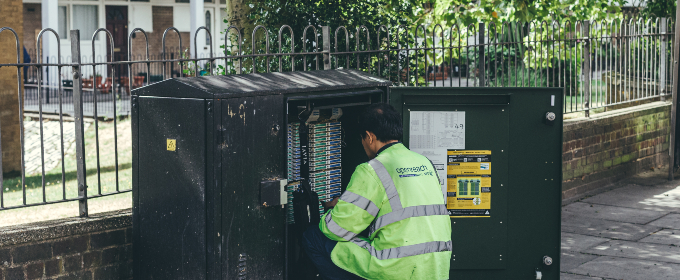 Openreach engineer maintenance telecommunication stand on a street. Openreach is a BT Group division, that maintains a connection to the telecommunication network in the UK